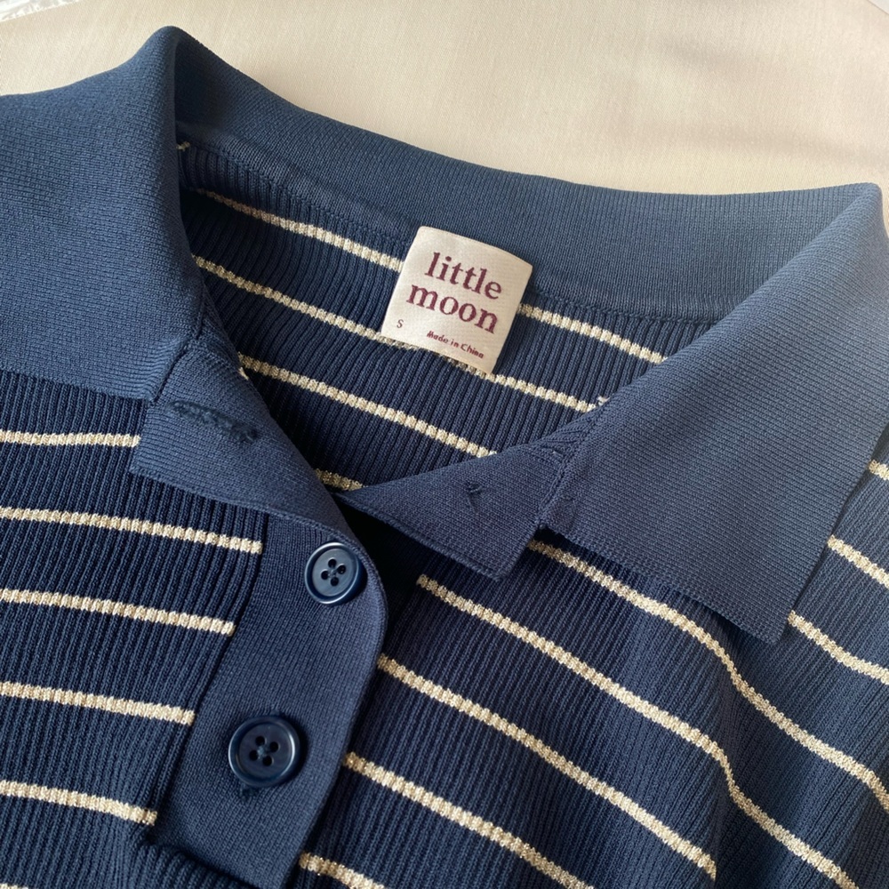 Airtzia Little Moon Verbena Navy Striped Polo Knit Shirt Relaxed Fit - Picture 4 of 7